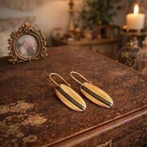 UNIQUE Goldtone Black & Wood Oval Earrings - Pre-loved